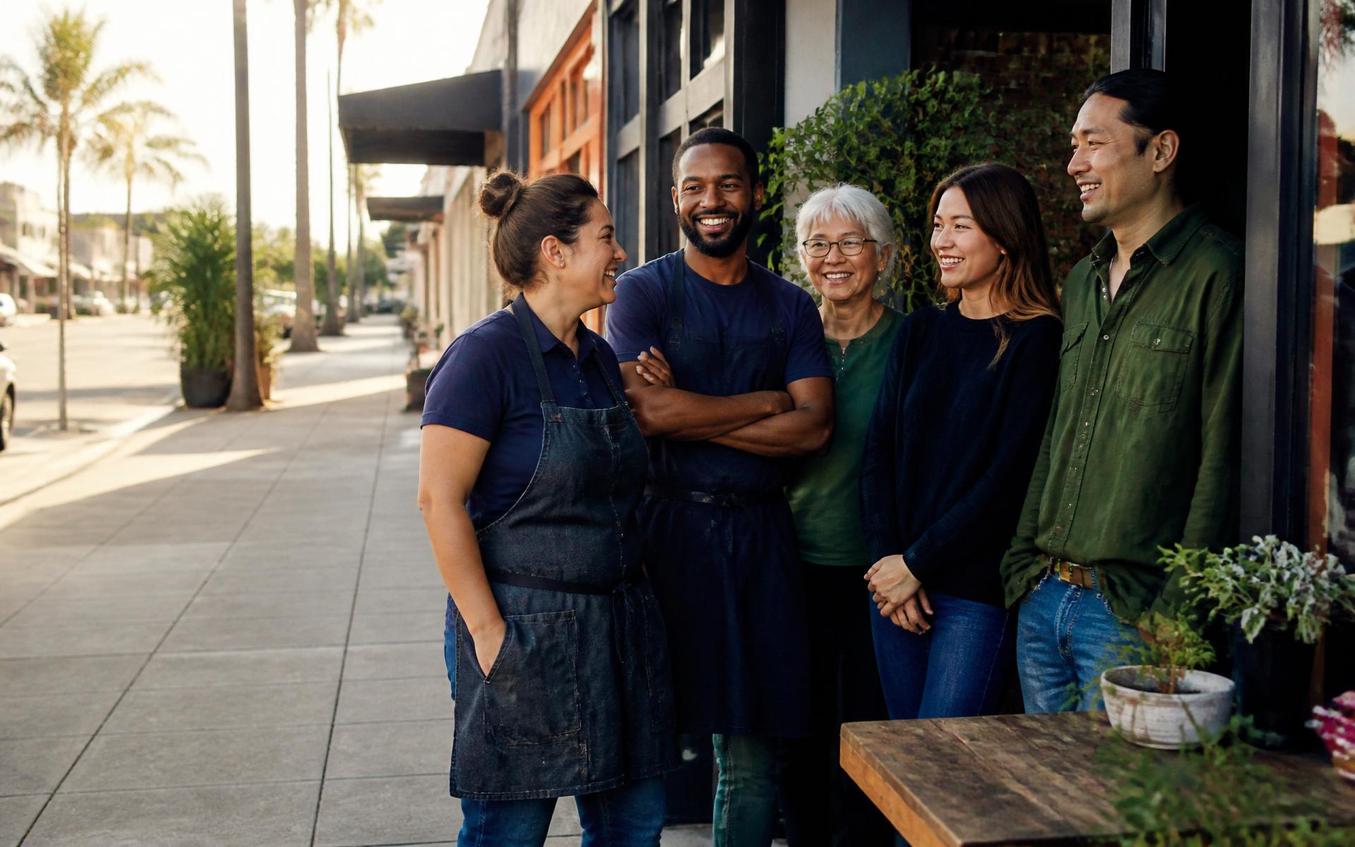 A diverse group of Southern California small-business owners gathered together in golden morning light