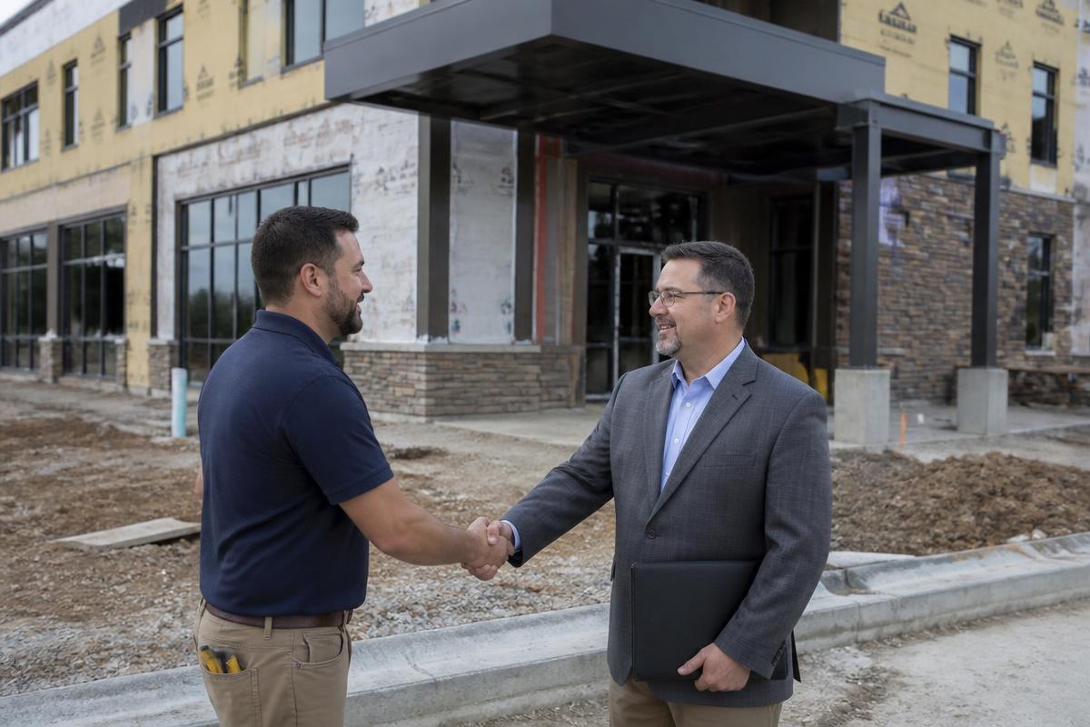 Business owner shaking hands with a commercial lender outside a new building