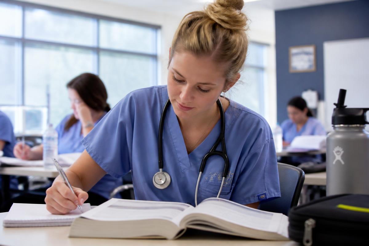 Nursing student in scrubs studying in a healthcare training classroom