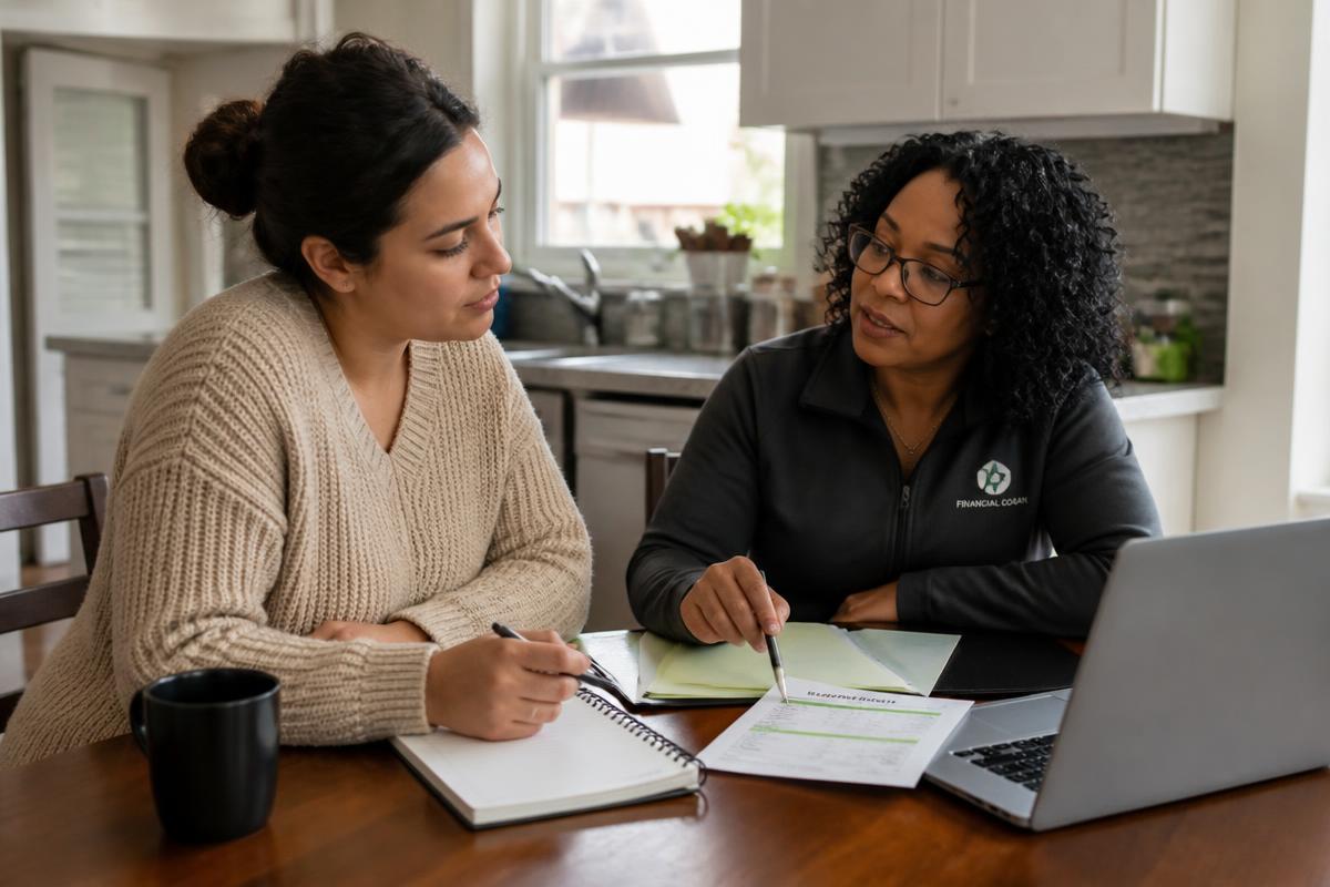 Client reviewing a household budget with a financial coach at a kitchen table