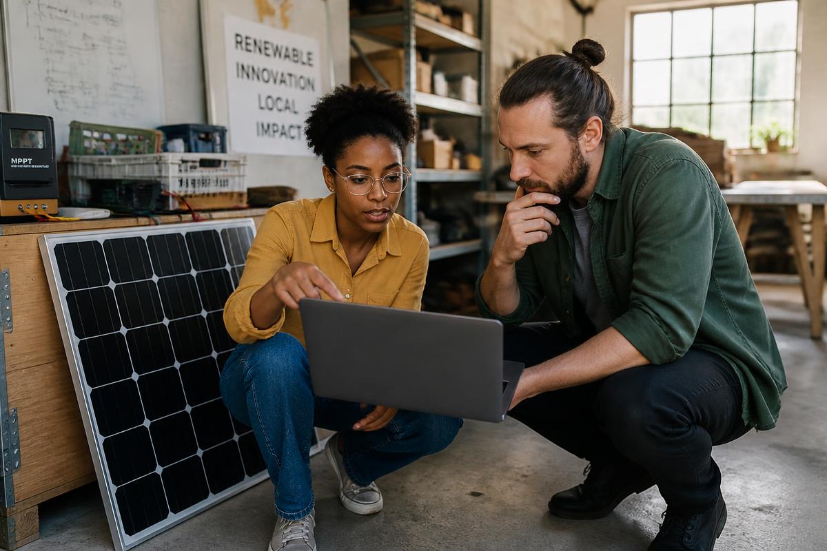 Clean-technology founders reviewing solar equipment plans in their workshop